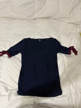 Lauren Ralph Lauren Navy Short Sleeve Top with Red-Trim Sleeve Ties